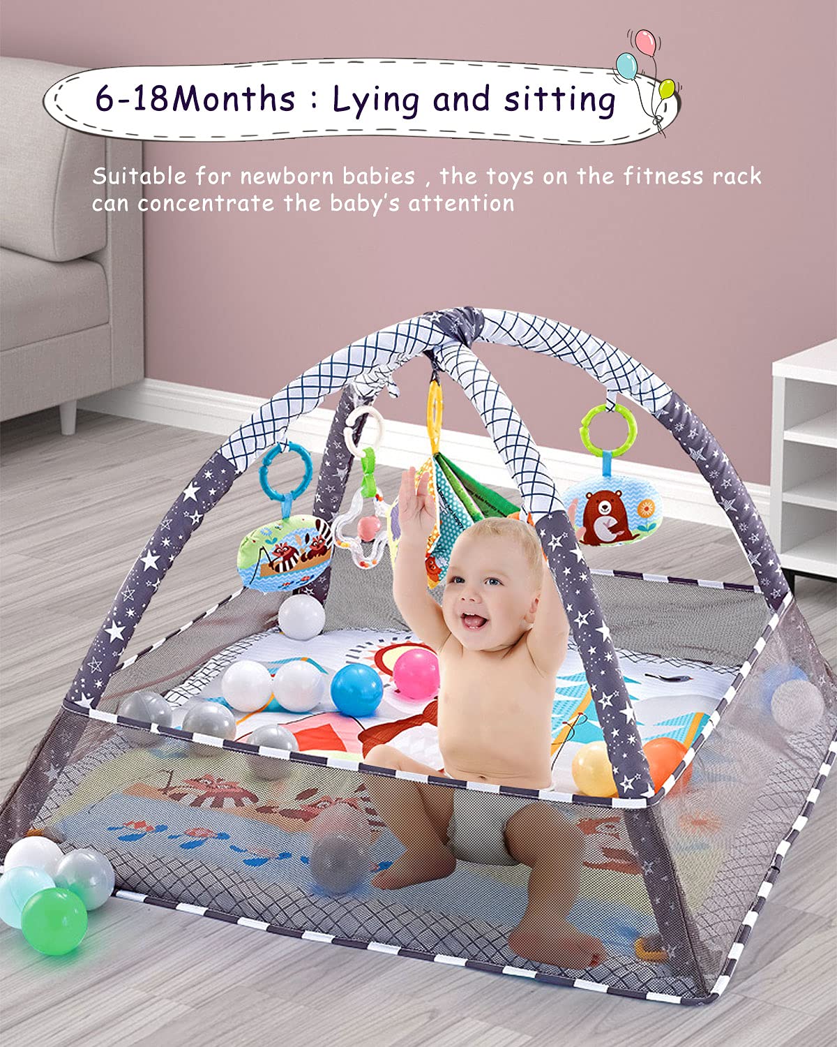 Trongle Baby Play Gym, Baby Play Mat Newborn with 5 Hanging Toys and 18 Ocean Balls, Lightweight Foam Stand Washable Soft Cotton Base, Playmats & Floor Gyms for 0-24months, with Carry Bag (80x80x55cm) Animal Theme 80x80x55cm