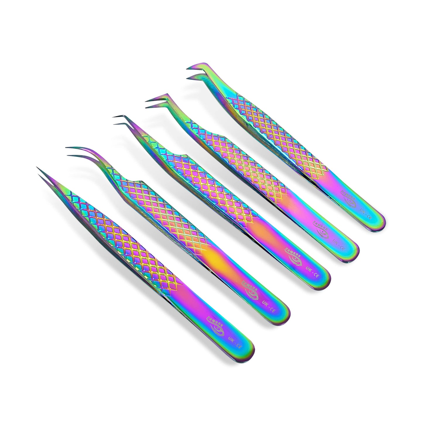 ZAMAHA UK Lash Eyelash Extension Tweezers Set of 5, Japanese Stainless Steel Tools Straight Curved 45 90 Degree Angled Tip, Volume Tweezers Precision (Rainbow Multi)