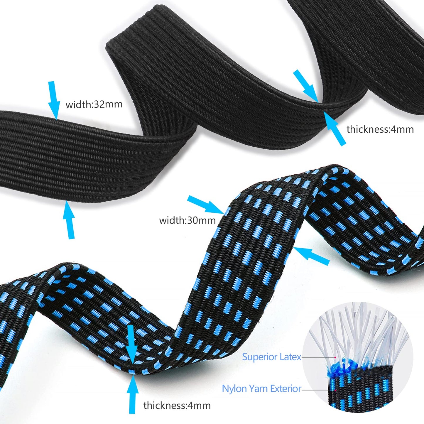 6 Pack Bungee Cords With Hooks 4 Pack 2M Extra Long Black Bungee Strap and 2 Pack 1M Blue Bungee Ropes Heavy Duty Bungee Cords Flat Rubber Elastic Straps, 200×3cm，100×3cm