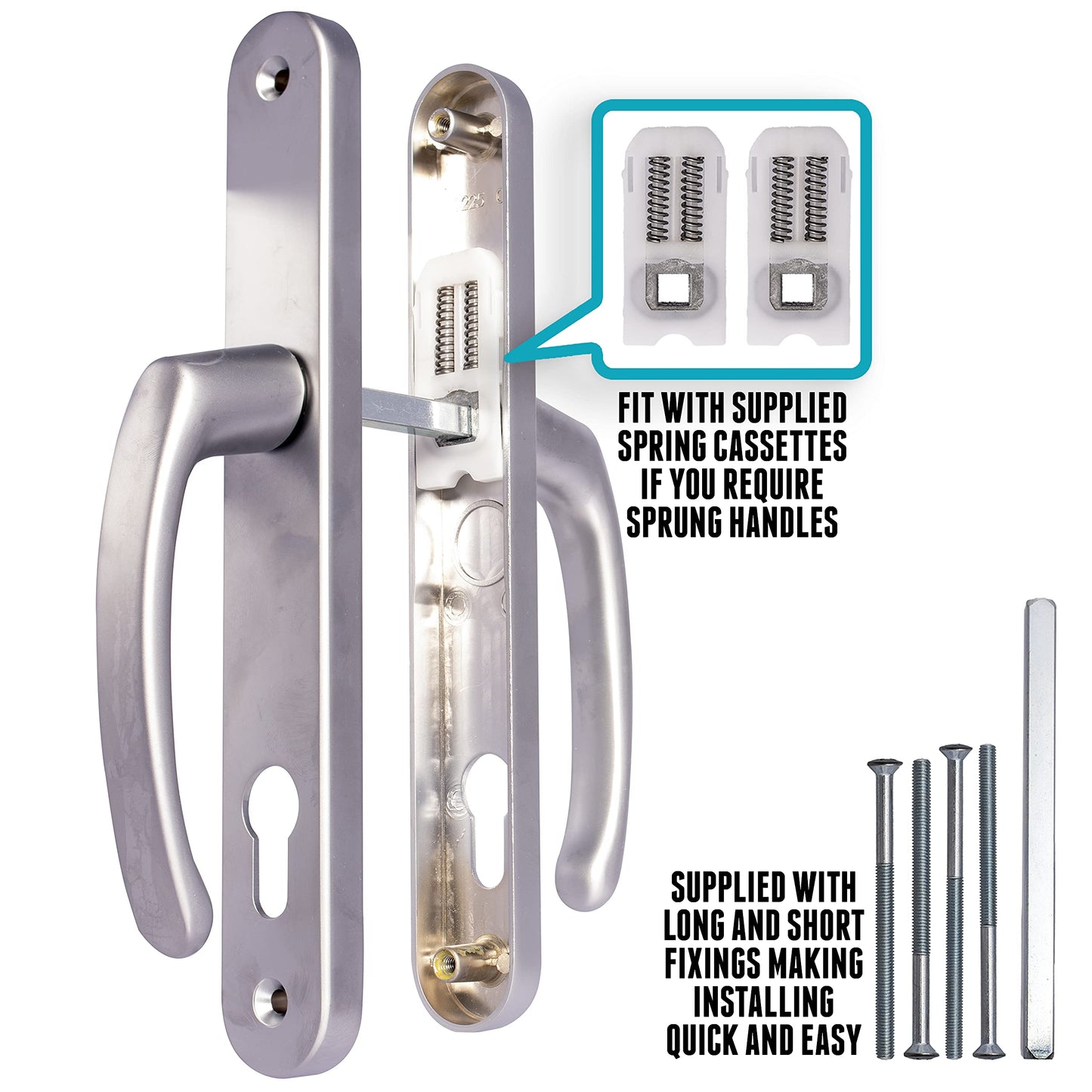 UPVC Door Handles - Silver - Lever/Lever - 92mm PZ (Centres) - 210mm Screw to Screw - Backplate 242mm X 34mm - UPVC Door Handle - External Door Handle - Silver Replacement UPVC Door Handles