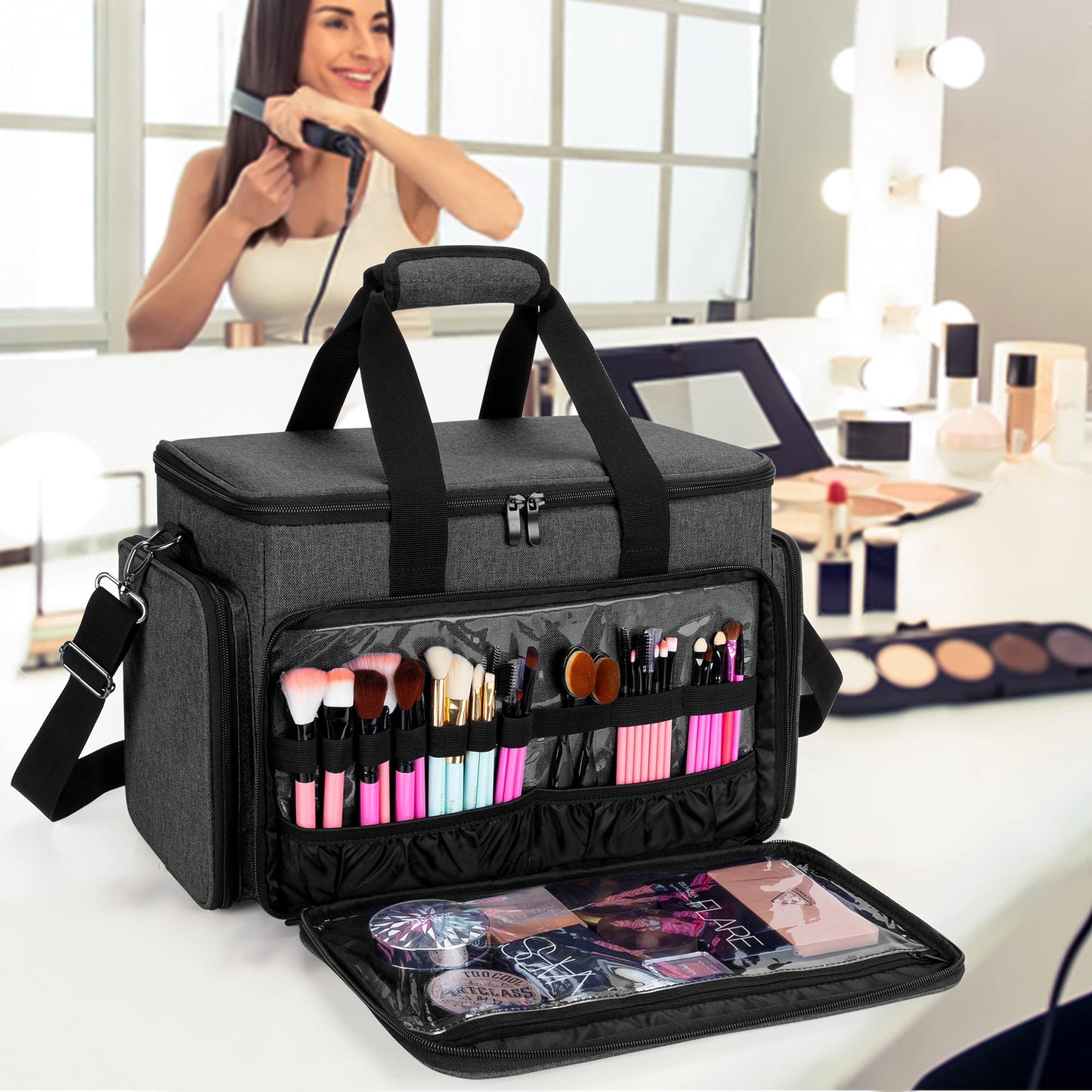 BAFASO Large Cosmetic Bag Makeup Bag with Adjustable Dividers, Travel Makeup Case Holds Cosmetics, Black