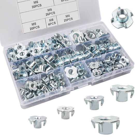 110Pcs Four-Pronged Tee Nuts Kit, T-Nuts 4 Pronged Zinc Plated Carbon Steel Threaded Insert T Nut Assortment Kit for Wood Climbing Holds Furniture (M4/M5/M6/M8/M10)