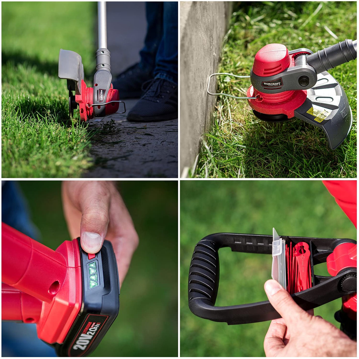 WORCRAFT 20V Cordless 2-in-1 Grass Trimmer & Edger with 2 x 2.0Ah Batteries & Charger | Dual Blades & Spool Line Cutting | Adjustable Head & Handle for Precision Trimming Double Batteries