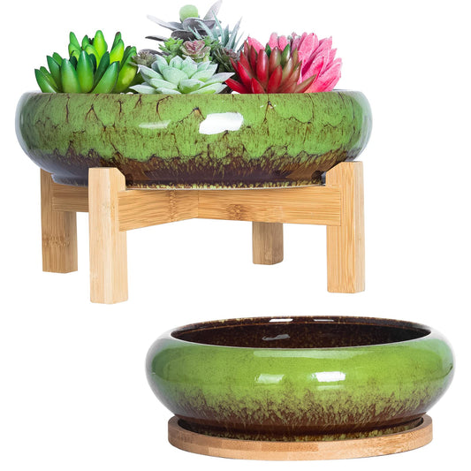 ARTKETTY Succulent Plant Pot - 18.5/25 CM Large Bonsai Pot with Tray Set of 2, Colorful Succulent Pot Ceramic Pots for Cactus Plants Garden Decorative Flower Pot Green