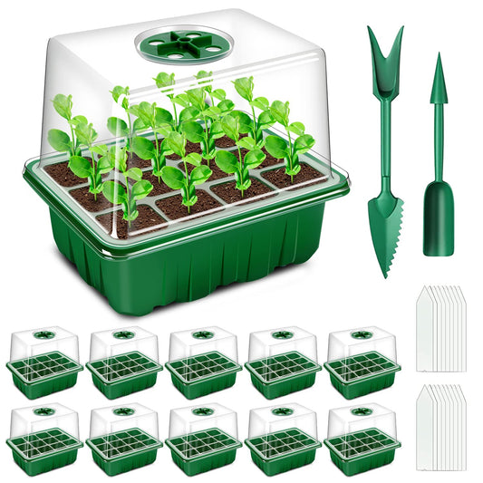 YAUNGEL Seed Trays, 10 Pack 120 Cells Propagator with Heightened Lids, Growing Thicken Seedling Starter Growing Trays with Adjustable Window for Greenhouse & Gardens, Green