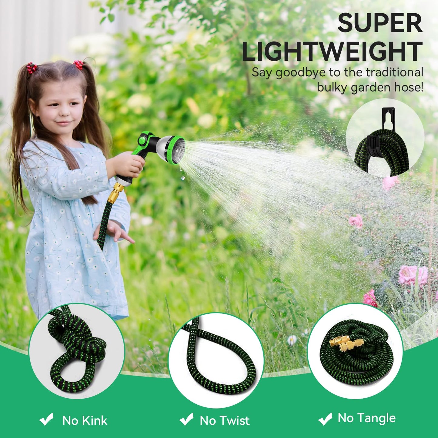 Yofidra 100FT Garden Hose – Upgraded 3-Layer Latex, No-Kink Expandable Water Hose with 3/4" & 1/2" Metal Connectors, 10-Function Spray Nozzle, Flexible Hose Pipe for Gardening, Washing & Cleaning 100FT/30M Green