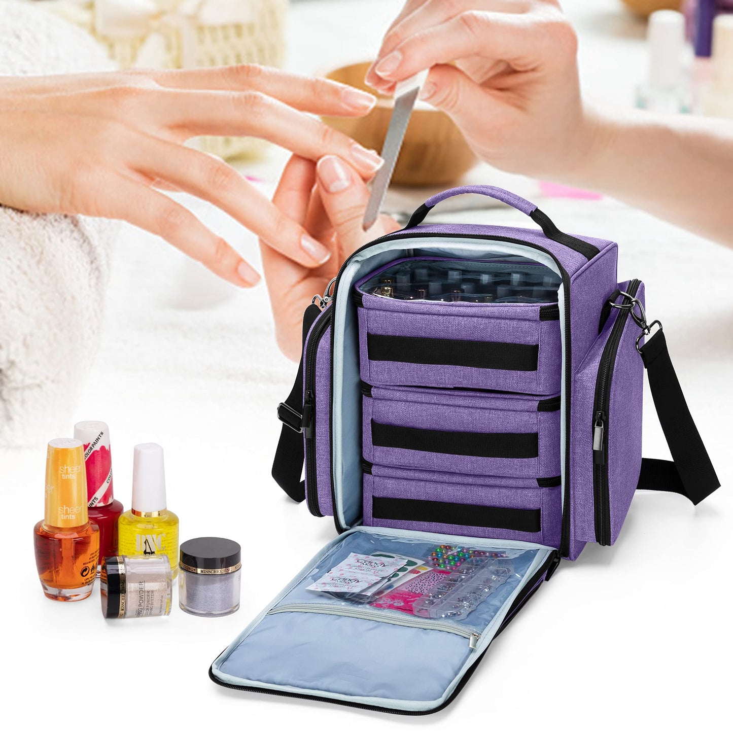 BAFASO Nail Polish Organiser Holds 72 Bottles (15ml - 0.5 fl.oz), Large Nail Polish Case with 3 Removable Pouches and Multiple Storage Sections (Bag Only), Purple (Patented)