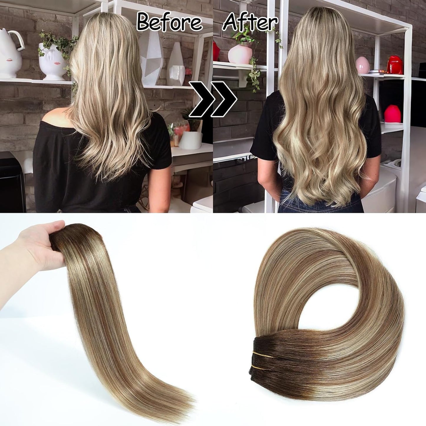 Ugrace Hair Extensions Clip in Real Human Hair Balayage Light Brown to Ash Brown and Bleach Blonde 16 inch 80g Secret Fish Line Straight Clip in Human Hair Extensions for Women Multicolour T4/P10/613