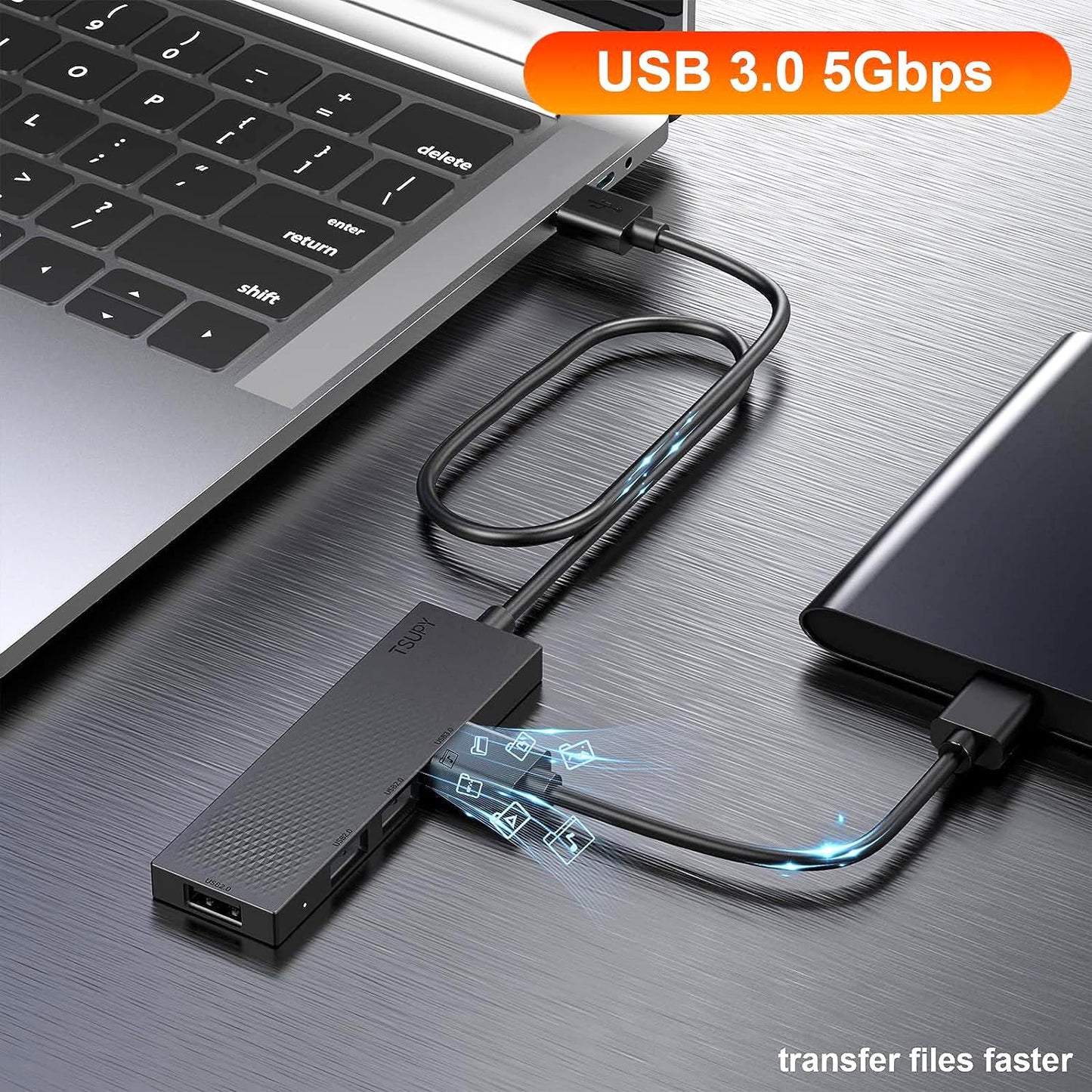 USB Hub, TSUPY USB Port Hub with 65cm USB Extension Cable 4 USB Adapter USB Splitter USB Multiple Connector USB Extender for Desktop Computer PC, PS4, Laptop etc 65cm Cable