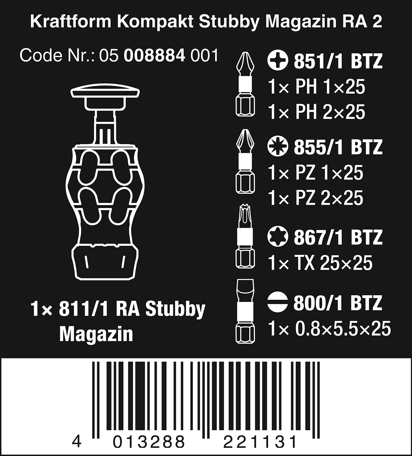 Wera 05008884001 Kraftform Kompakt Stubby Magazine RA 2, Stubby Ratchet Screwdriver with Bit Magazine, 6 Pieces Kraftform Kompakt Stubby Magazin RA 2