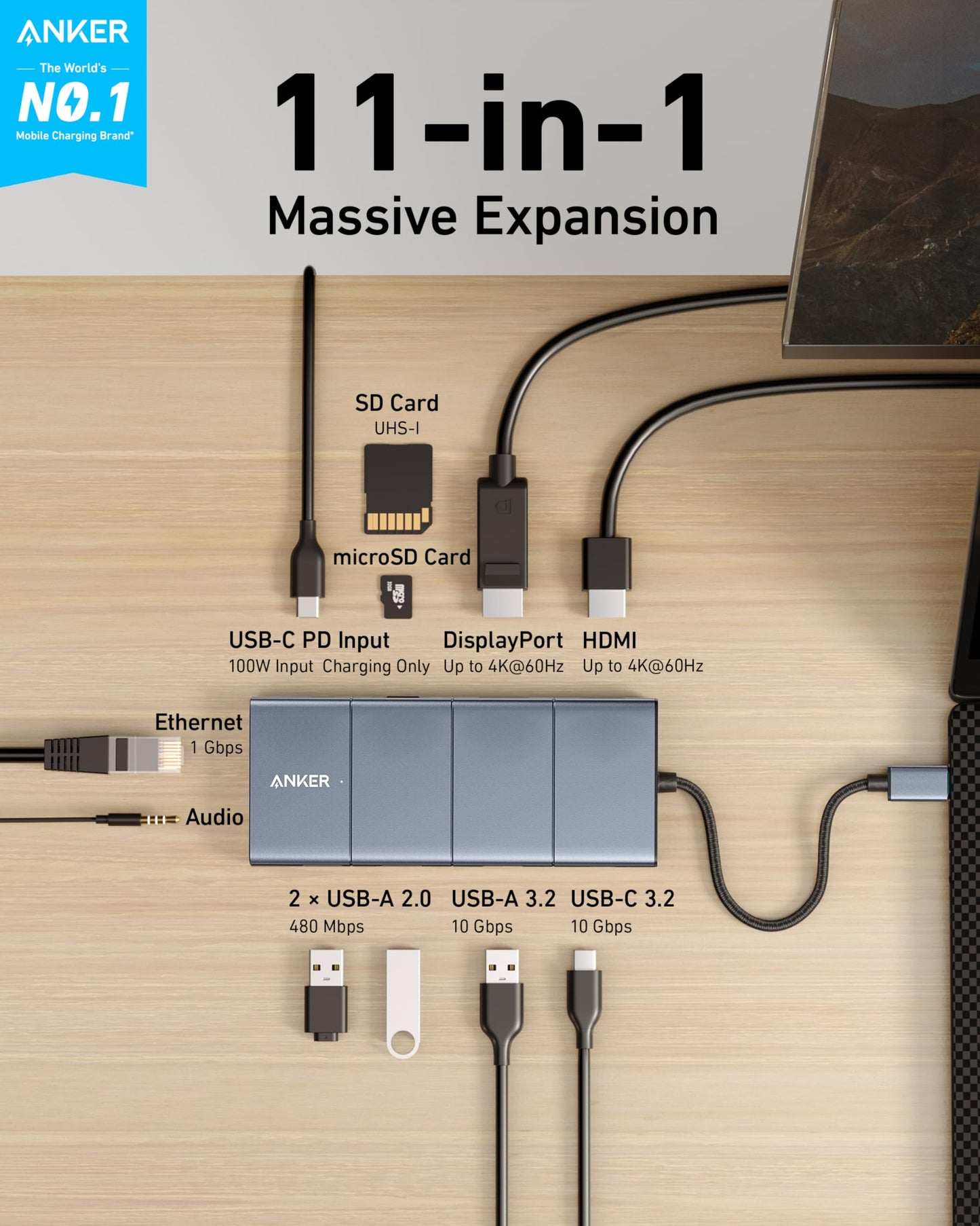 Anker 565 11-in-1 USB-C Hub, Docking Station with 10 Gbps USB-C & USB-A Data Ports, 4K HDMI, DisplayPort, 100W PD, 2 USB 2.0 Data, Ethernet, AUX, microSD & SD, for MacBook Pro and More