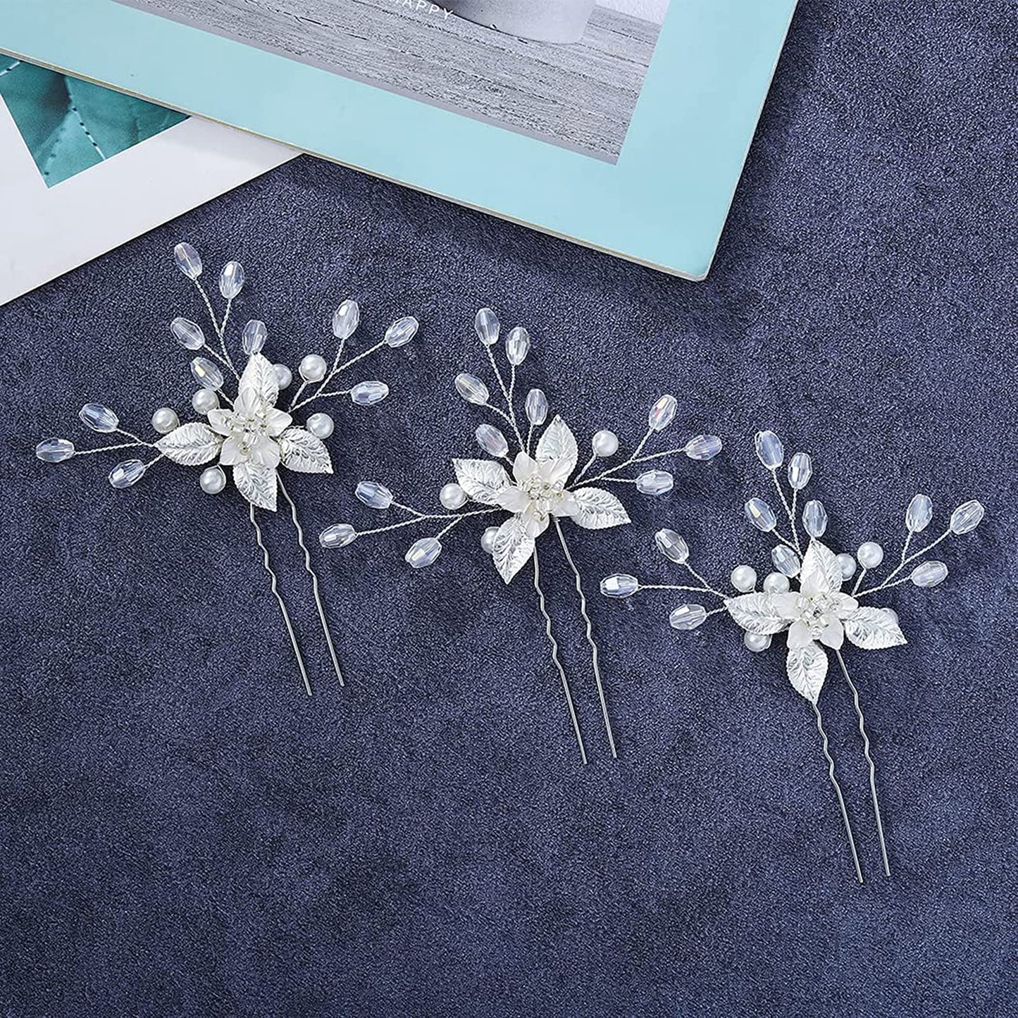 3 PCS Bride Wedding Hair Pins Clips Silver Crystal Leaf Flower Pearls Headpieces Bridal Hair Jewelry Accessories for Women, Girl, Lady, Party Wedding Prom (Pearls & Leaves)