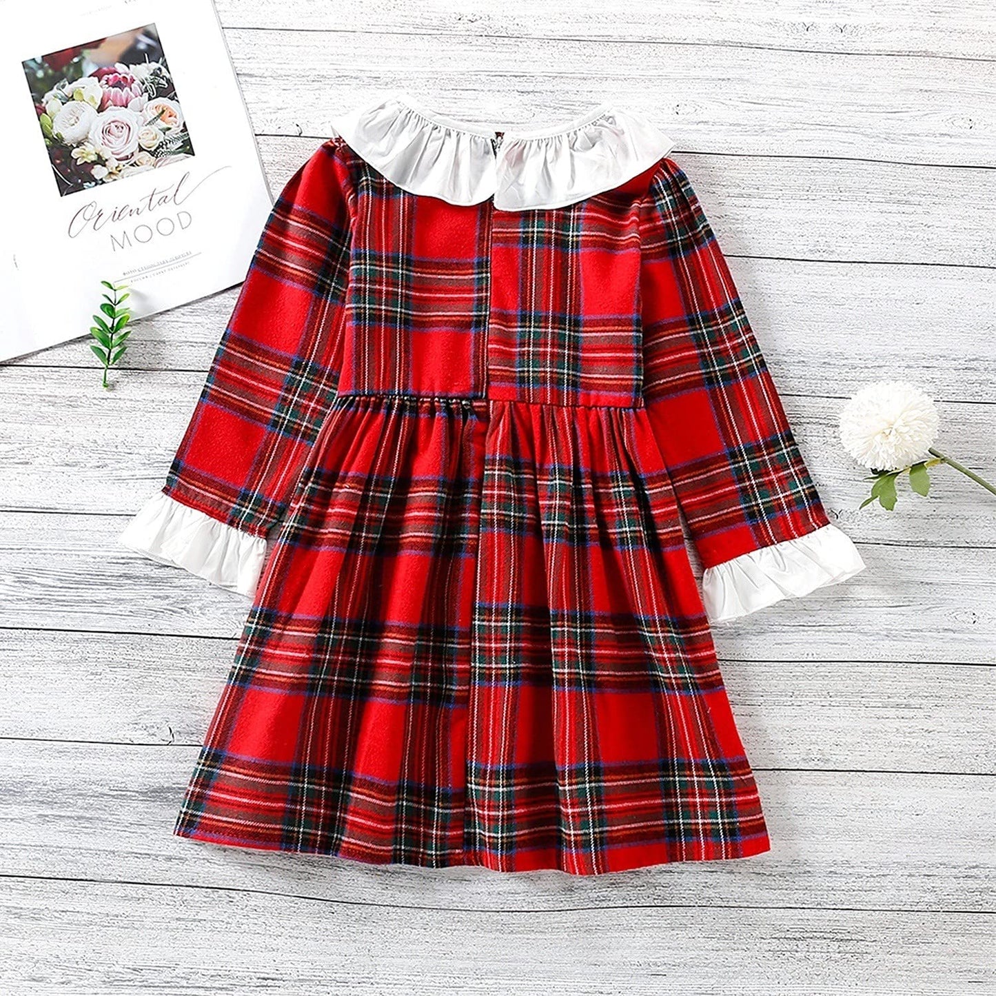 AGQT Toddler Girls Princess Dress Long Sleeve Party Dress Casual Dresses Up Size 3M-6T White Neck Red Plaid Dress 5-6 Years