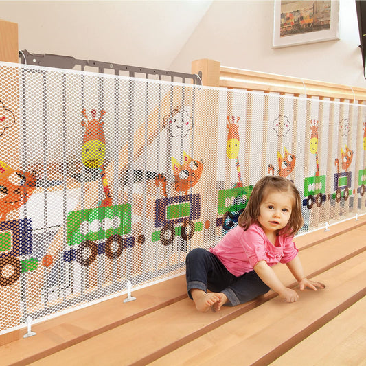 Yiomxhi Child Safety Net, 3 Metres Baby Stair Railing Safety Net, Thick Cute Animal Balcony Stairway Fence Mesh Banister Guard Protective Net for Kids, Pets and Toy (300 L x 74 H CM) Animal Train