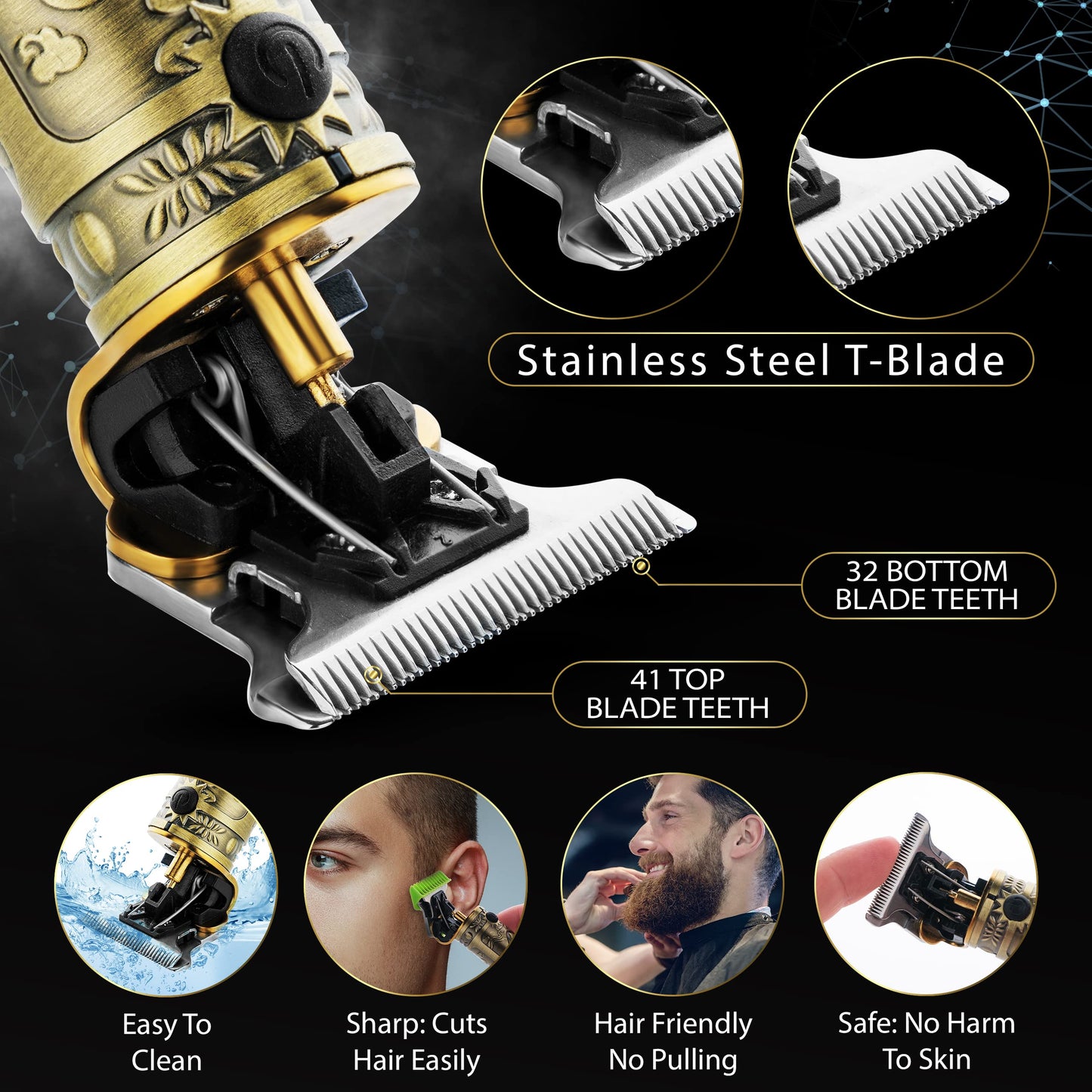 BARBOSSO Men's Beard Trimmer - Cordless Hair Clippers - Electric Rechargeable - Zero Gap T Blade - Precision Detailer for Head Haircuts, Facial Stubble, Sideburns, Moustache - Male Grooming Kit