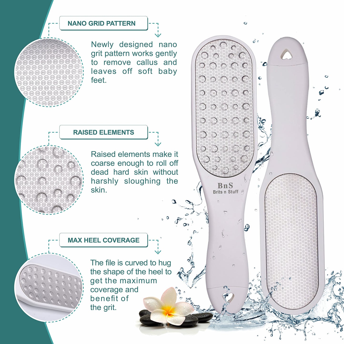 3-in-1 Professional Pedicure Foot File for Hard Skin - Anti Rust Stainless Steel Callus Remover for Cracked Heels - Easy to Use & Anti Skid Design - Foot Care Tool for Dry and Dead Skin - BNS Flower White