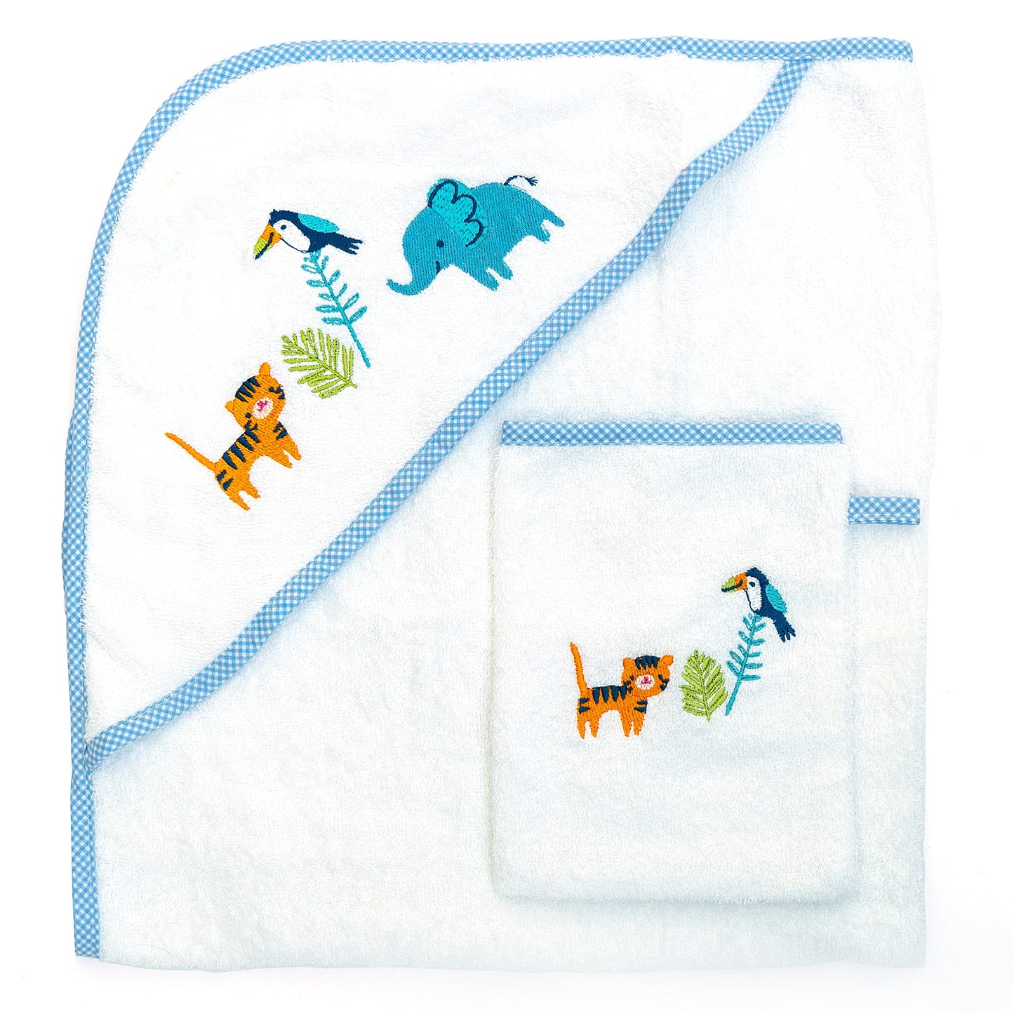 Baby Towel With Hood Wash Mitt Set Newborn Embroidered Bath Pack Gift Boy Or Girl 100% Turkish Combed Cotton (Animals) Animals