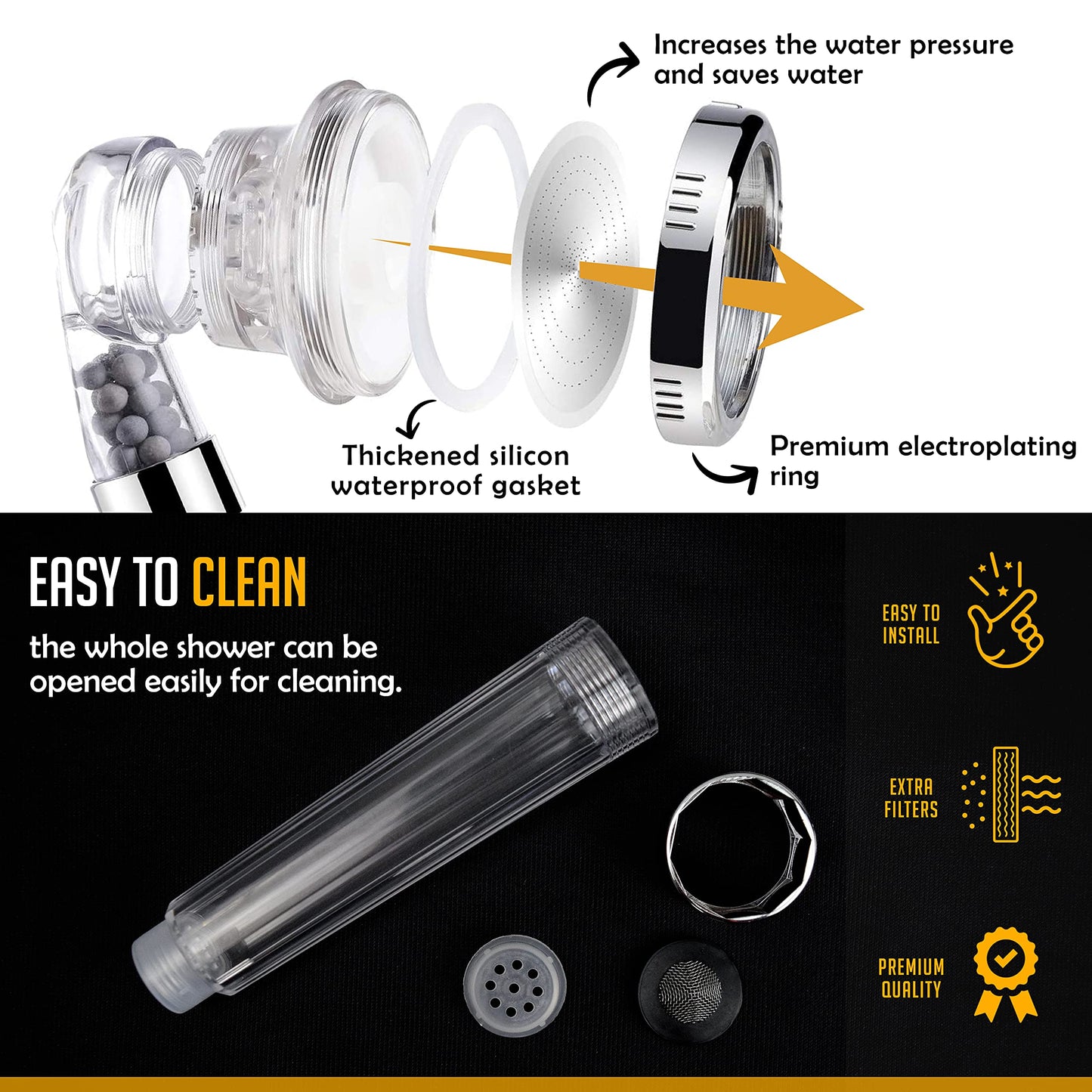 5 Way Filter Hikklo Shower Head and Hose-3 Modes Ionic Shower Heads with 1.5M Shower Hose and Shower Cap-high Pressure Shower for Hard Water to Increase Pressure with Replaceable Water Filter Stones