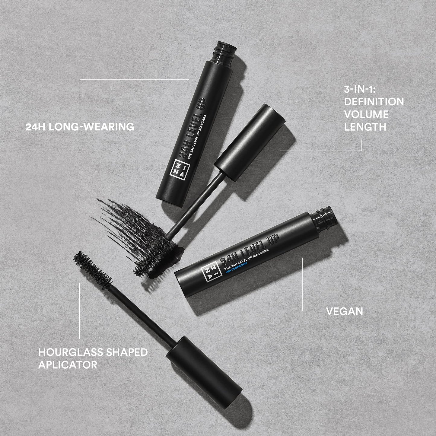 3INA MAKEUP - The 24h Level Up Mascara Waterproof 900 - Black Mascara for Volume and Length - Extreme Definition Tubing Mascara with Hourglass Wand - Mascara for Sensitive Eyes - Vegan - Cruelty Free