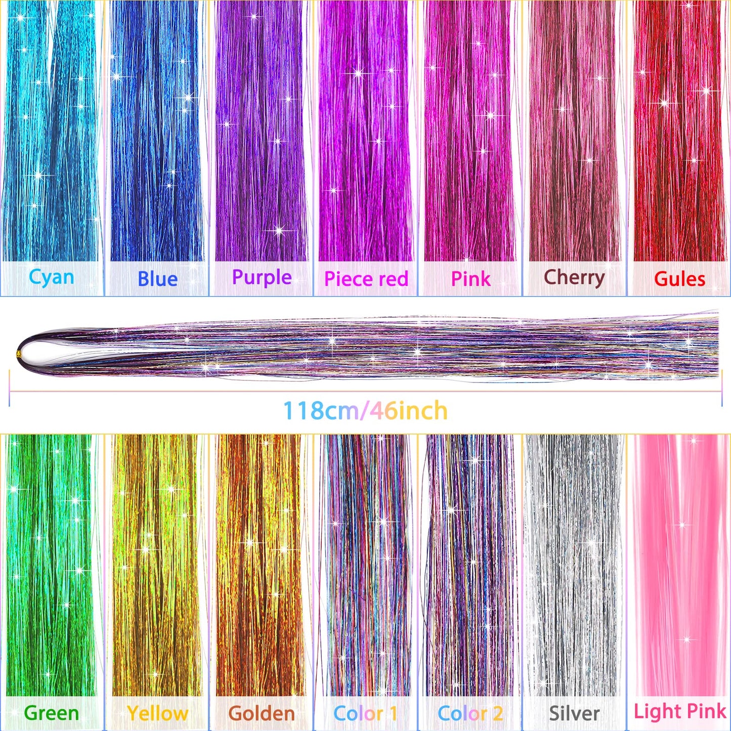 14 Colors 3000 Strands Hair Tinsel Extensions, 47 Inch Glitter Hair Extension Fairy Hair Tinsel Strands Kit, Holographic Dazzle Colour Straight Hair Extensions for Women Girls Party Cosplay