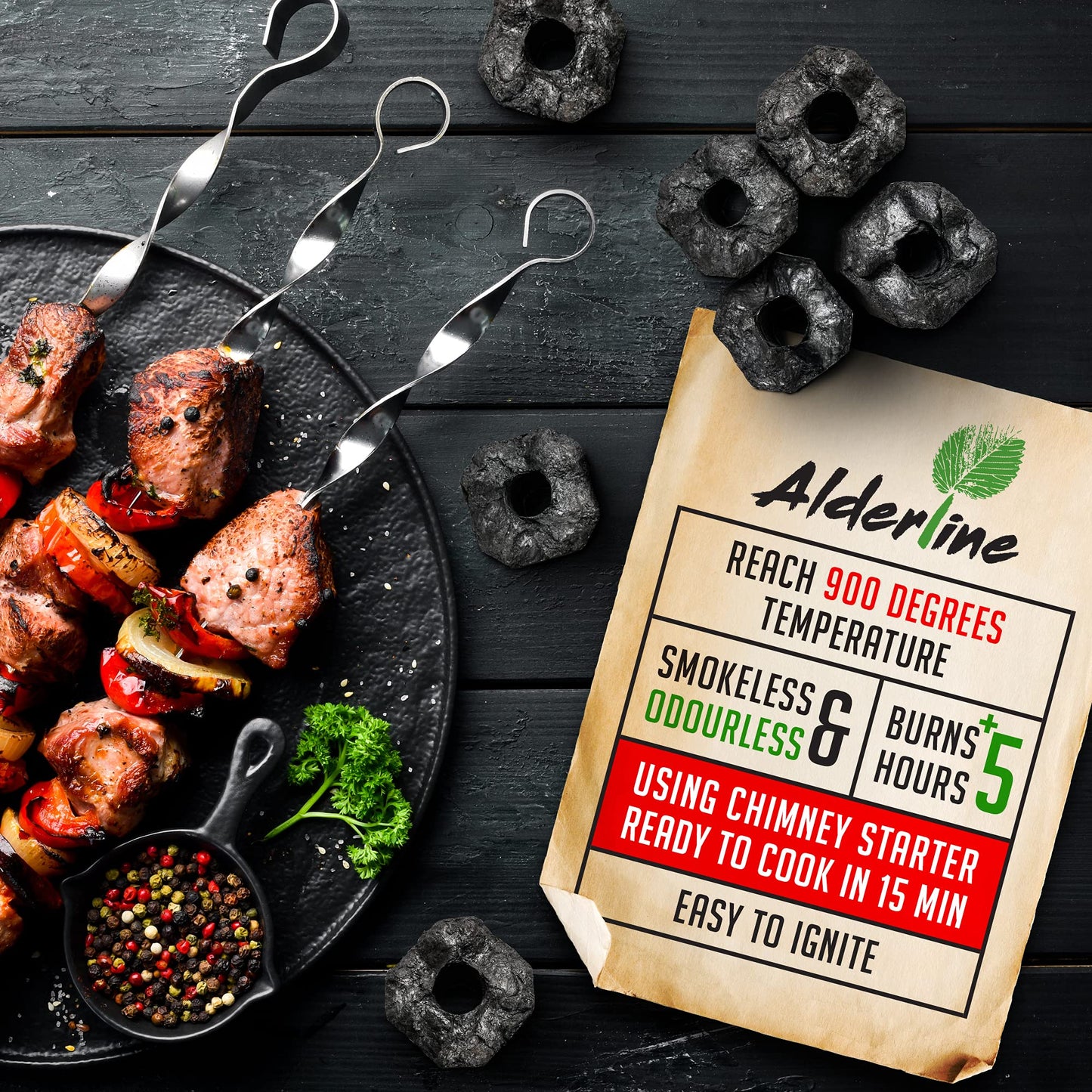 Alderline Premium Charcoal Briquettes (4kg) - Perfect for slow BBQ sessions - Ready in 15 Minutes, Pillow-Shaped, Up to 300°C, 4+ Hour Burn Time - 100% Natural, Sustainable Charcoal for Grilling 4kg