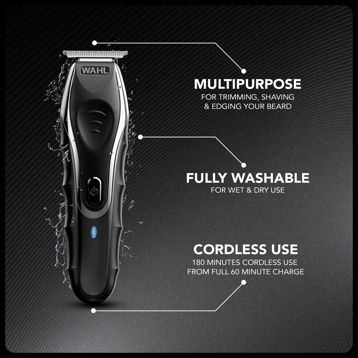 WAHL Aqua Blade Stubble and Beard Trimmer, Beard Shaping, Rechargeable, Male Grooming Set, Fully Washable, Suitable for Wet/Dry Use, Beard Care, Black Aqua Blade Trimmer Single unit