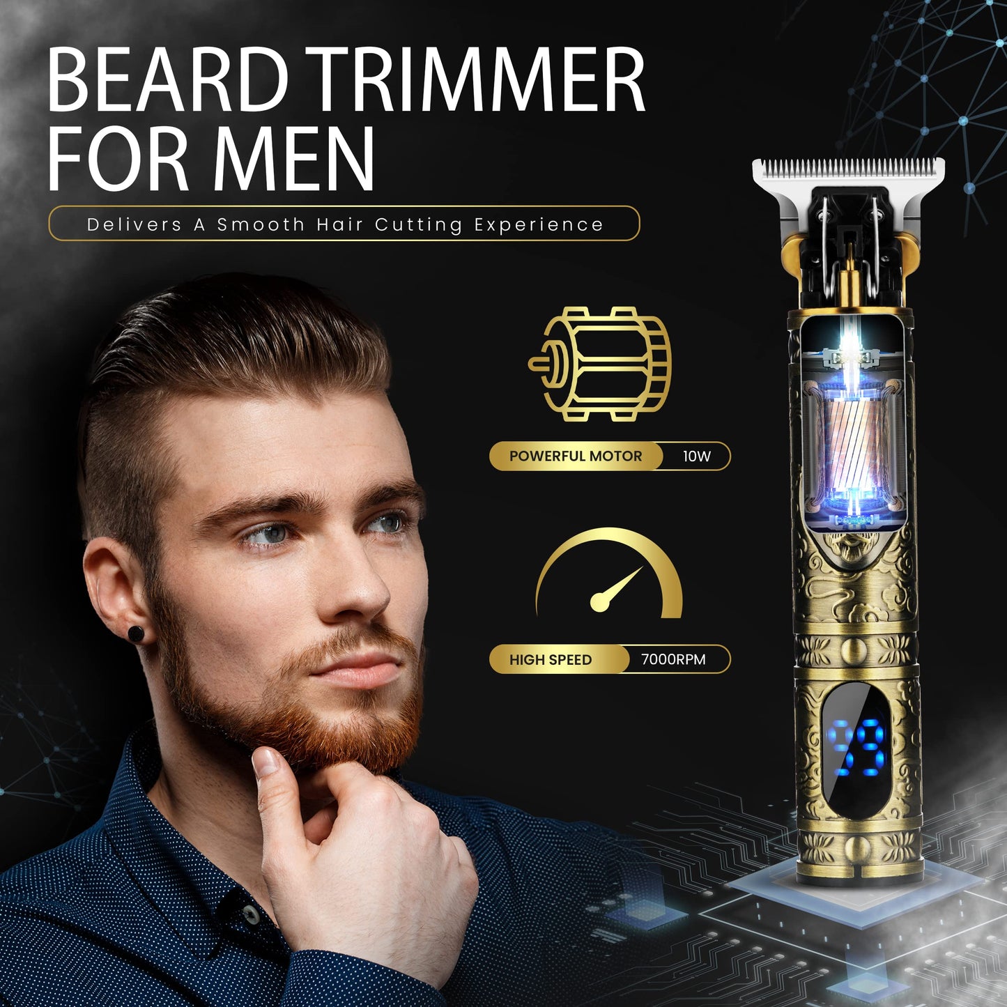 BARBOSSO Men's Beard Trimmer - Cordless Hair Clippers - Electric Rechargeable - Zero Gap T Blade - Precision Detailer for Head Haircuts, Facial Stubble, Sideburns, Moustache - Male Grooming Kit