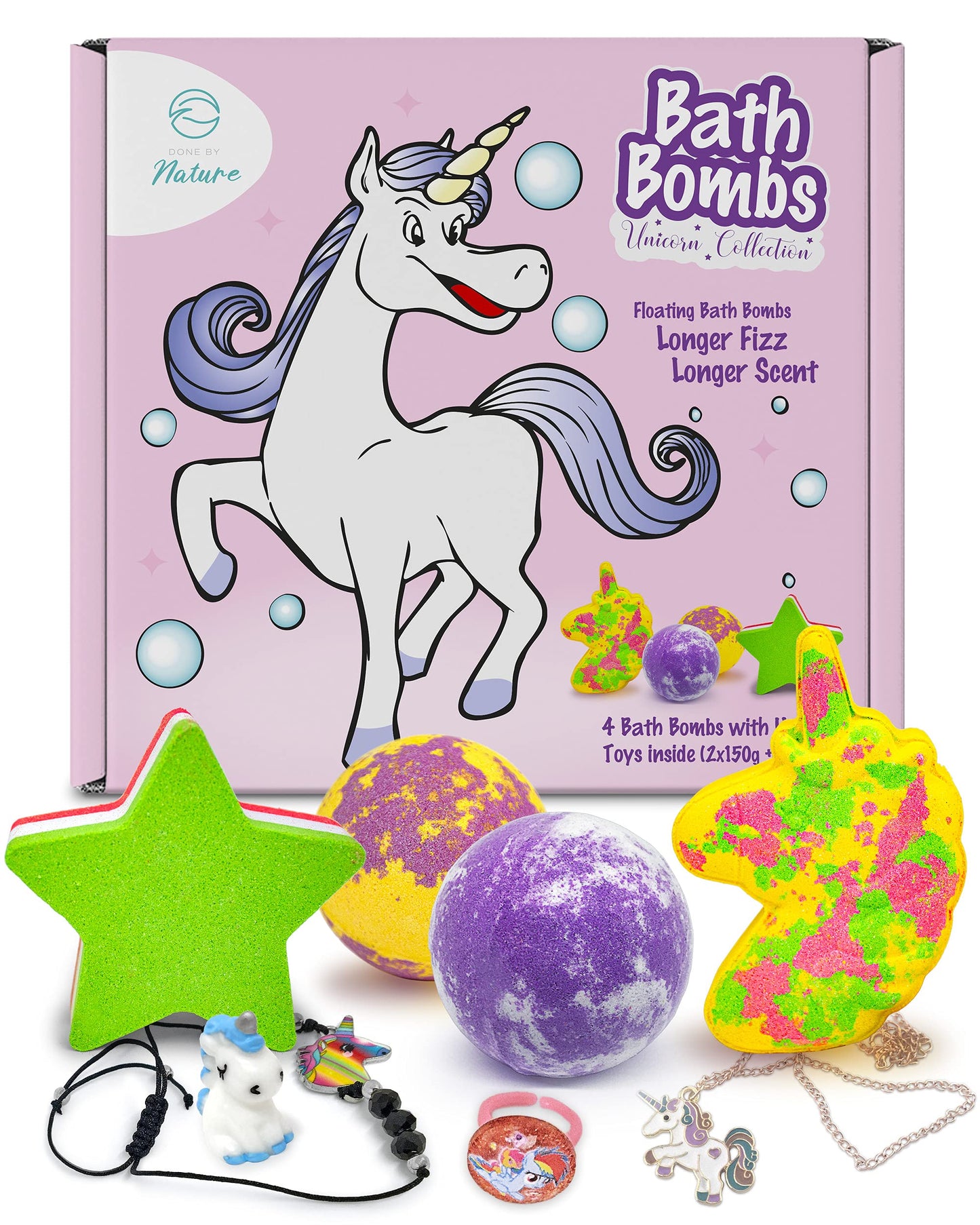 Unicorn Bath Bombs 4 Pack with Surprise Unicorn Toy, Ring, Bracelet or Necklace ! Organic, Natural Vegan spa Bath Bomb kit. 100% Child Safe with Natural Oils and moisturisers.