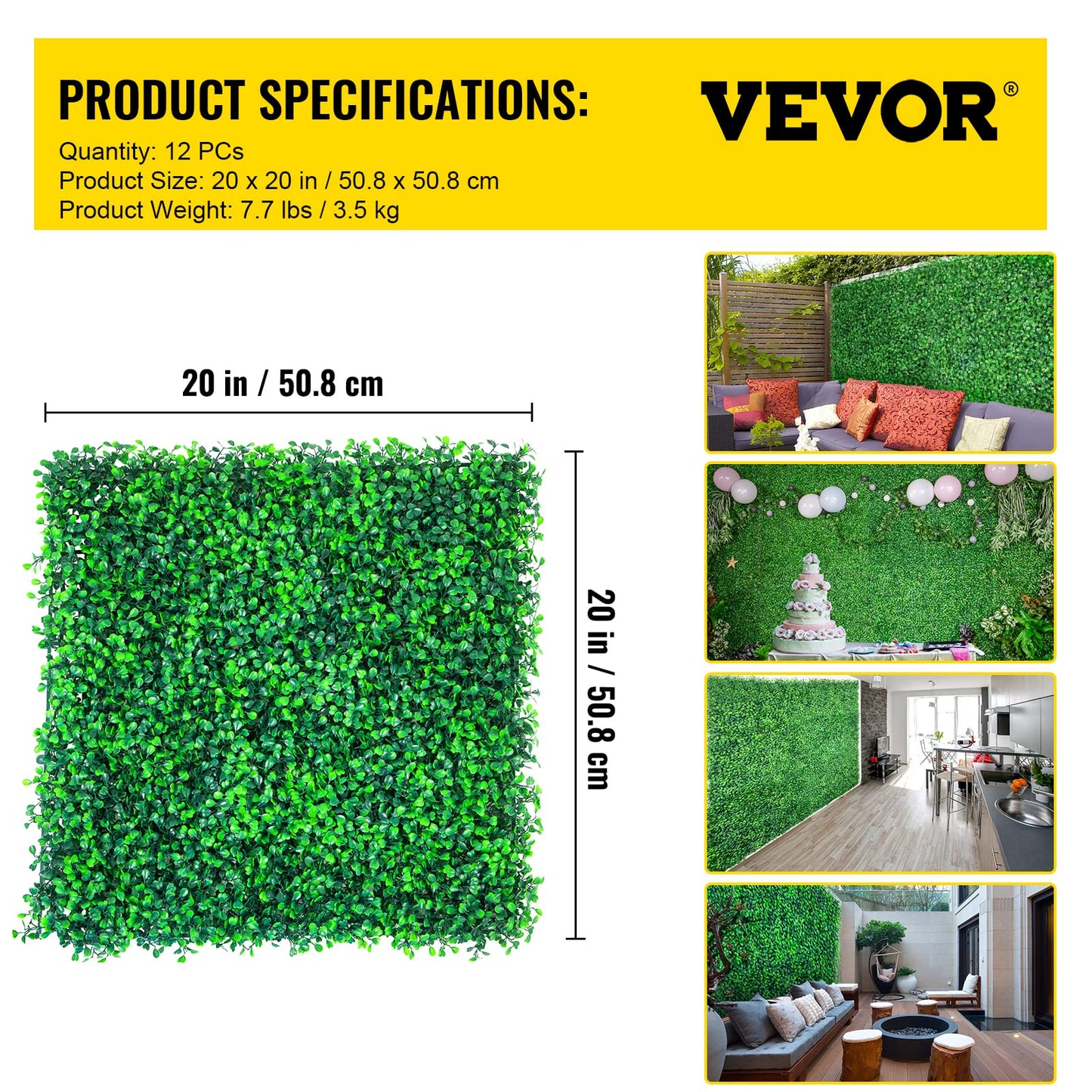 VEVOR 12 PCS 20"x20" Boxwood Hedge Wall Panels, PE Artificial Grass Backdrop 1.6" Privacy Screen for Decoration of Outdoor, Indoor, Garden, Fence, and Backyard, Celeste Y Blanco