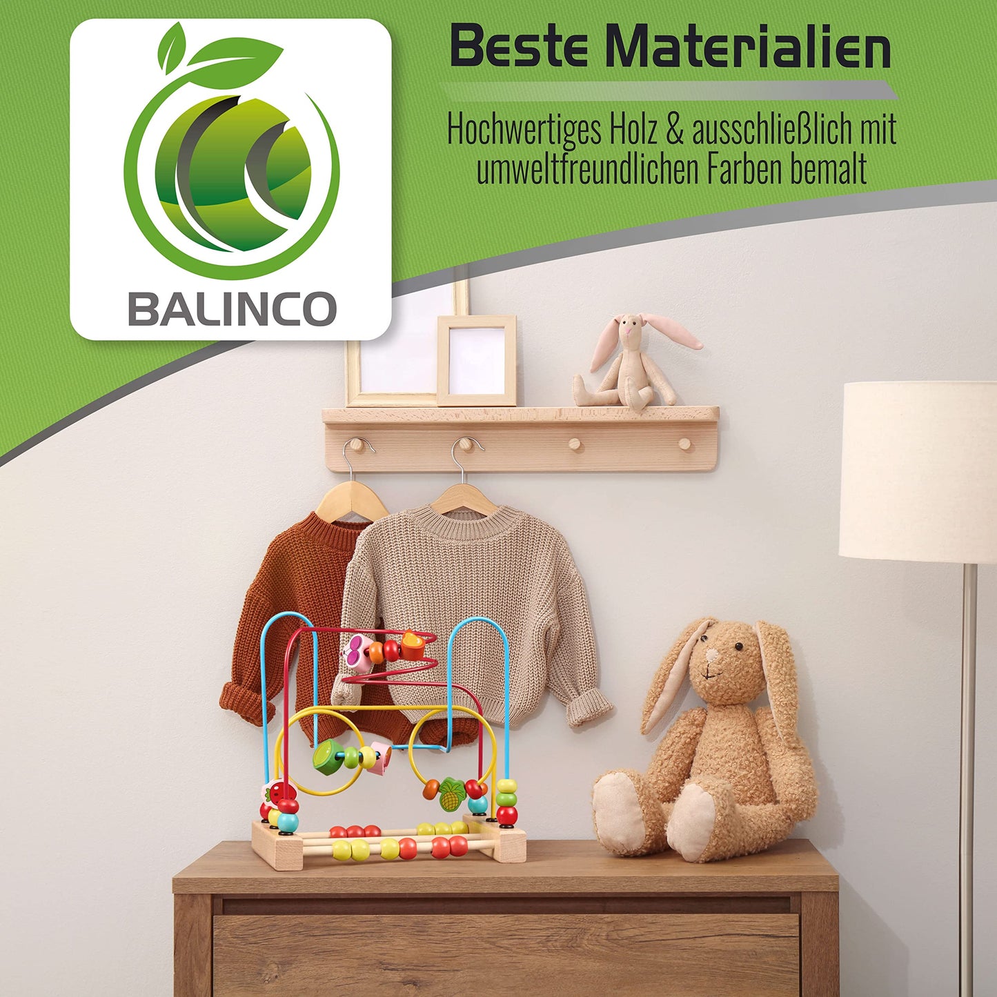 Balinco MOTORIC SLIDE, Wooden Toy Bead Maze with Obstelements & Bead Slider. Baby toy 6 months