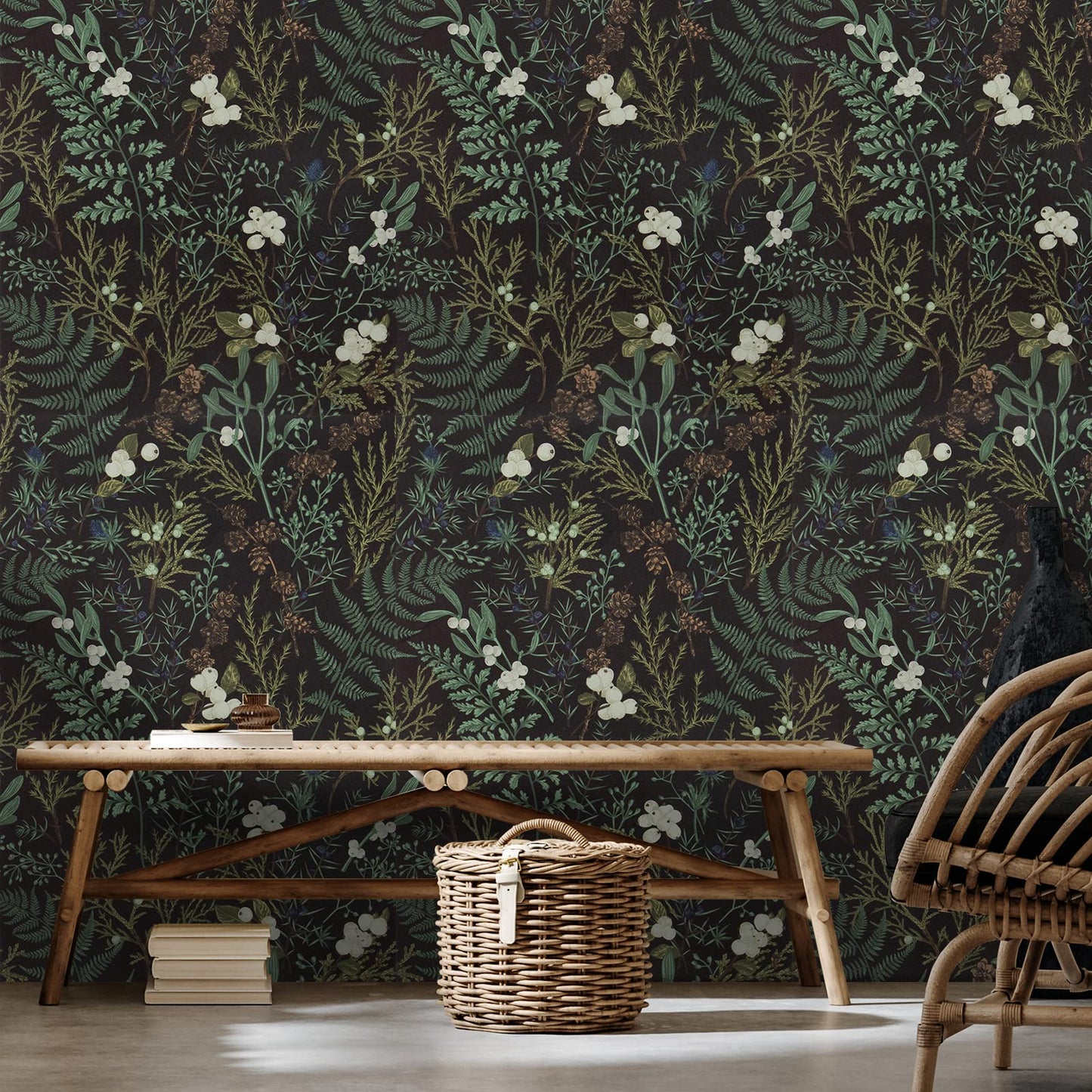 VaryPaper Botanical Wallpaper Self Adhesive Contact Paper Black Green Wall Art Deco White Flower Wall Covering for Living Room Furniture Vinyl Wrap Kitchen Cupboard Stickers Leaves Wall Paper 45cm×3m 44.5cmx300cm