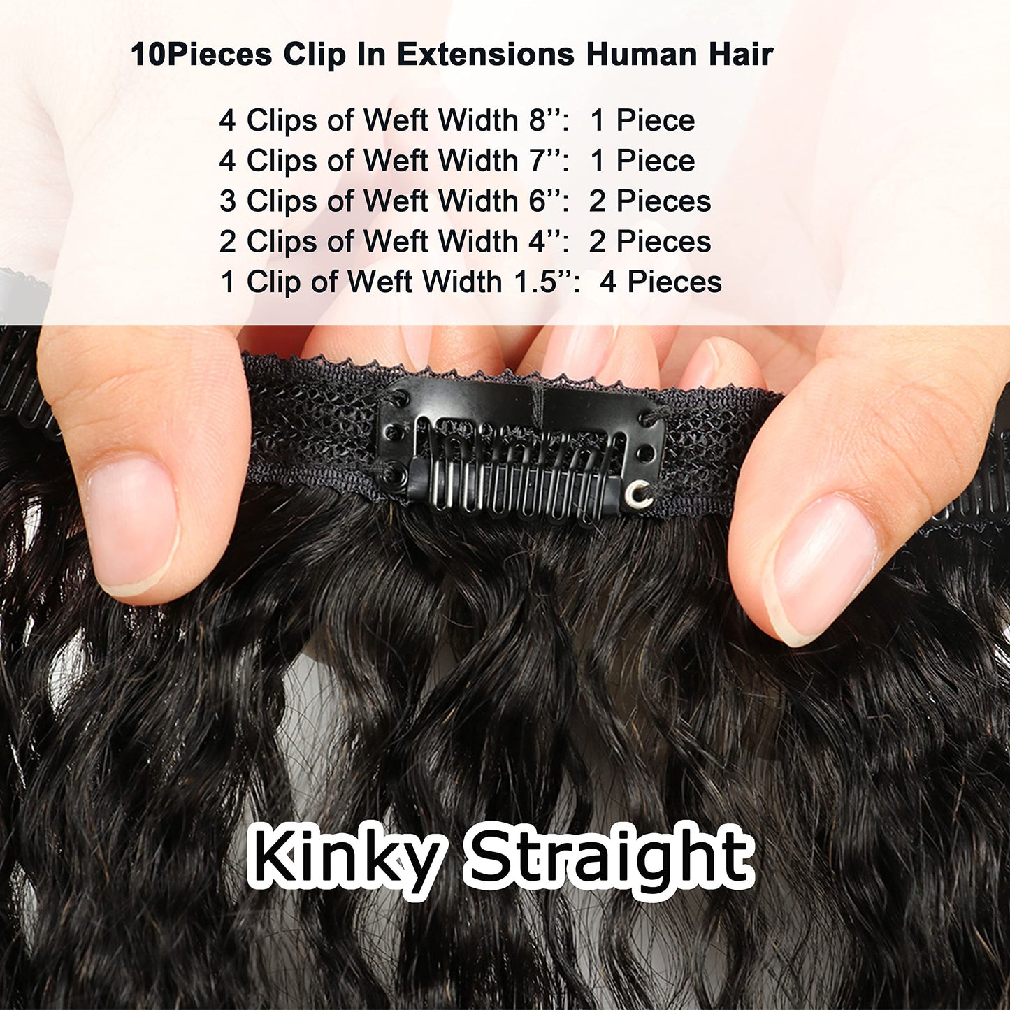 10Pcs Kinky Straight Clip In Hair Extensions Remy Human Hair 14inch/120g Coarse Yaki Straight Clip In Real Human Hair Extensions Clip Ins Full Head #1B Natural Black